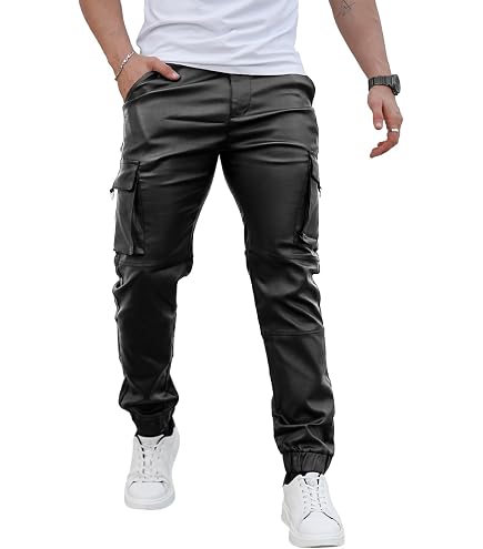 GINGTTO Mens Cargo Pants Slim Fit Leather Joggers Pants for Men