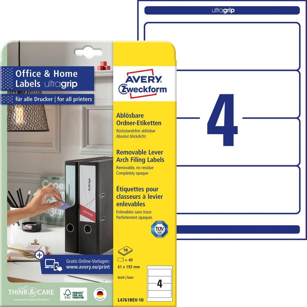 AVERY Zweckform L4761REV-10 Folder Spine Labels (40 Spine Labels with Ultragrip, 61 x 192 mm on A4, Removable, Wide/Short, Self-Adhesive, Opaque, Ideal for Home Office) 10 Sheets, White
