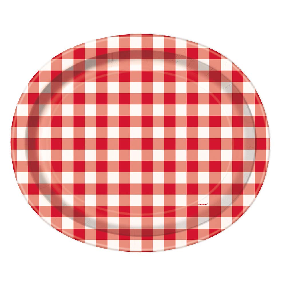 Red Gingham Paper Oval Plates (31cm x 25cm) - Charming & Stylish Party Essentials - Perfect for Picnics, BBQs, & Events - 8ct