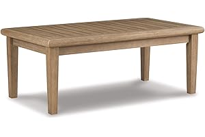 Signature Design by Ashley Gerianne Contemporary Outdoor Rectangular Cocktail Table, Slatted Top Sheds Rainwater, Eucalyptus Wood, 50" W x 26" D x 18.63" H, Beige