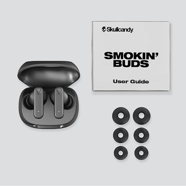 SKULLCANDY SMOKIN’ BUDS WIRELESS EARBUDS, BLUETOOTH HEADPHONES, NOISE ISOLATING FIT, UP TO 20 HOURS BATTERY, IPX4 SWEAT AND WATER RESISTANT, MICROPHONE FOR IPHONE ANDROID – MIDNIGHT SMOKE