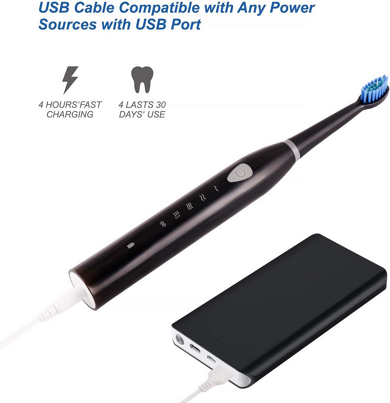 Rechargeable Electric Sonic Toothbrush for Adults 5 Modes, 2 Minutes Timer and 4 Brush Heads (Black) - Image 5