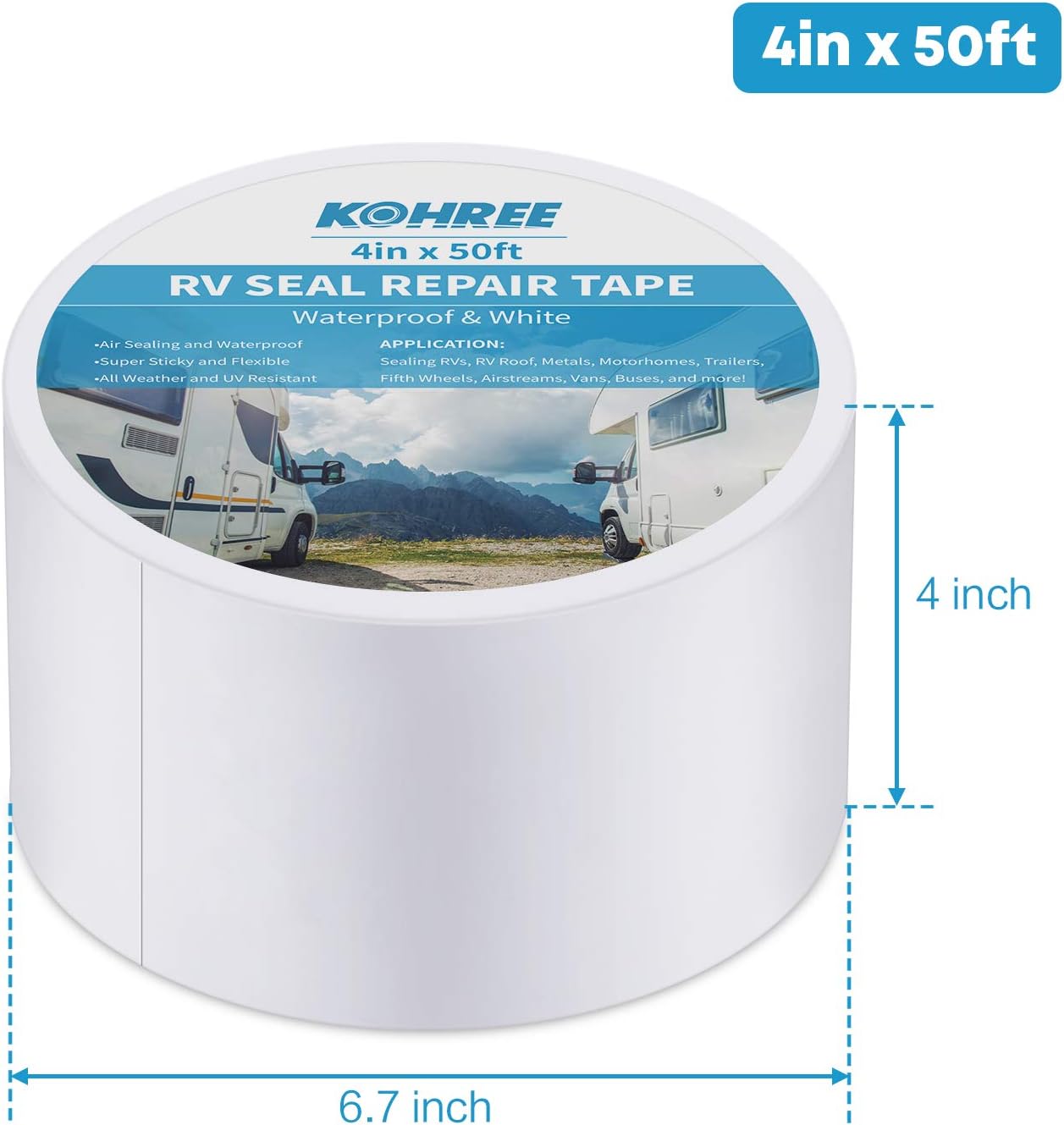Kohree RV Sealant Tape, 4 Inch x 50 Foot RV White Roof Seal Tape UV & Weatherproof Sealant Roofing Tape for RV Repair, Window, Boat Sealing, Truck Stop Camper Roof Leaks: Automotive