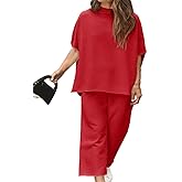 Beautife Women's Plus Size 2 Piece Outfits 3/4 Batwing Sleeve Capelet Crew Neck Pullover Top Wide Leg Pants Lounge Set