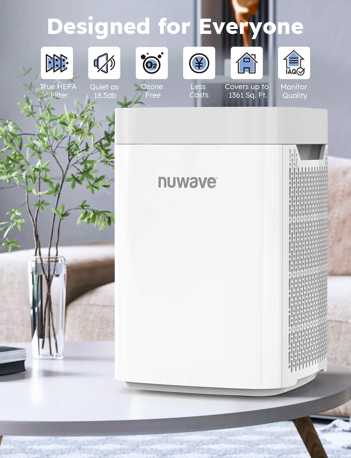 Nuwave Portable Air Purifier for Large Room up to 1361 Sq Ft with PM 2.5 Display Air Quality Sensor, H13 True HEPA Air Filter Remove 99.97% of Pets Hair Odor Dust Smoke with Double-sided Air Intake