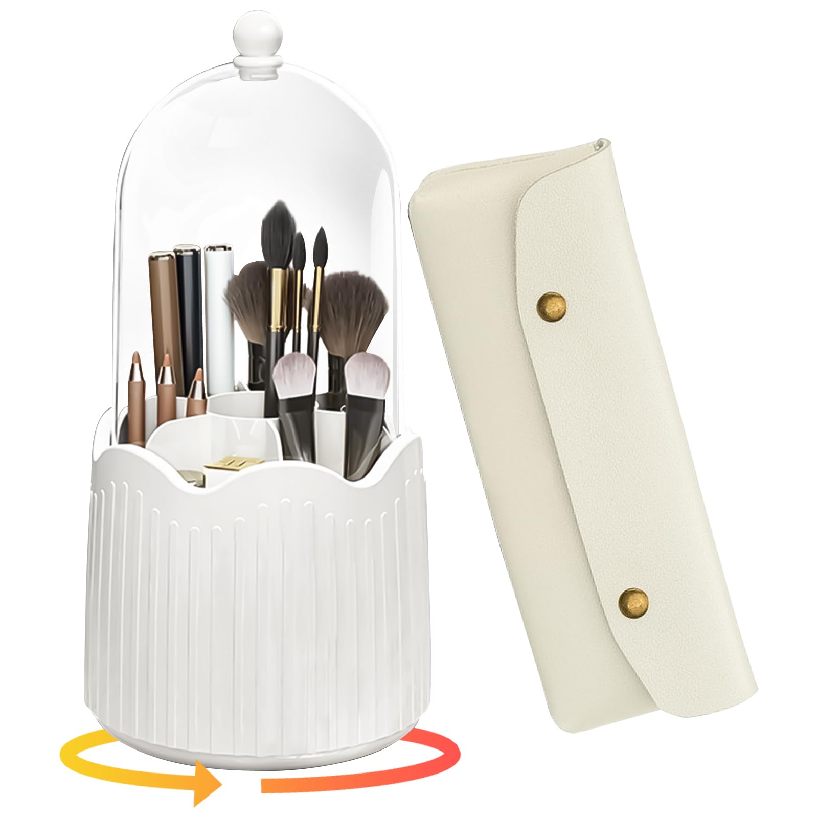 BigKing Makeup Organiser, Spinning Cosmetic Organizer Acrylic, 360 Rotating Clear Dustproof Makeup Brushes Organizer for Vanity Desktop Bathroom Countertop (Ivory)