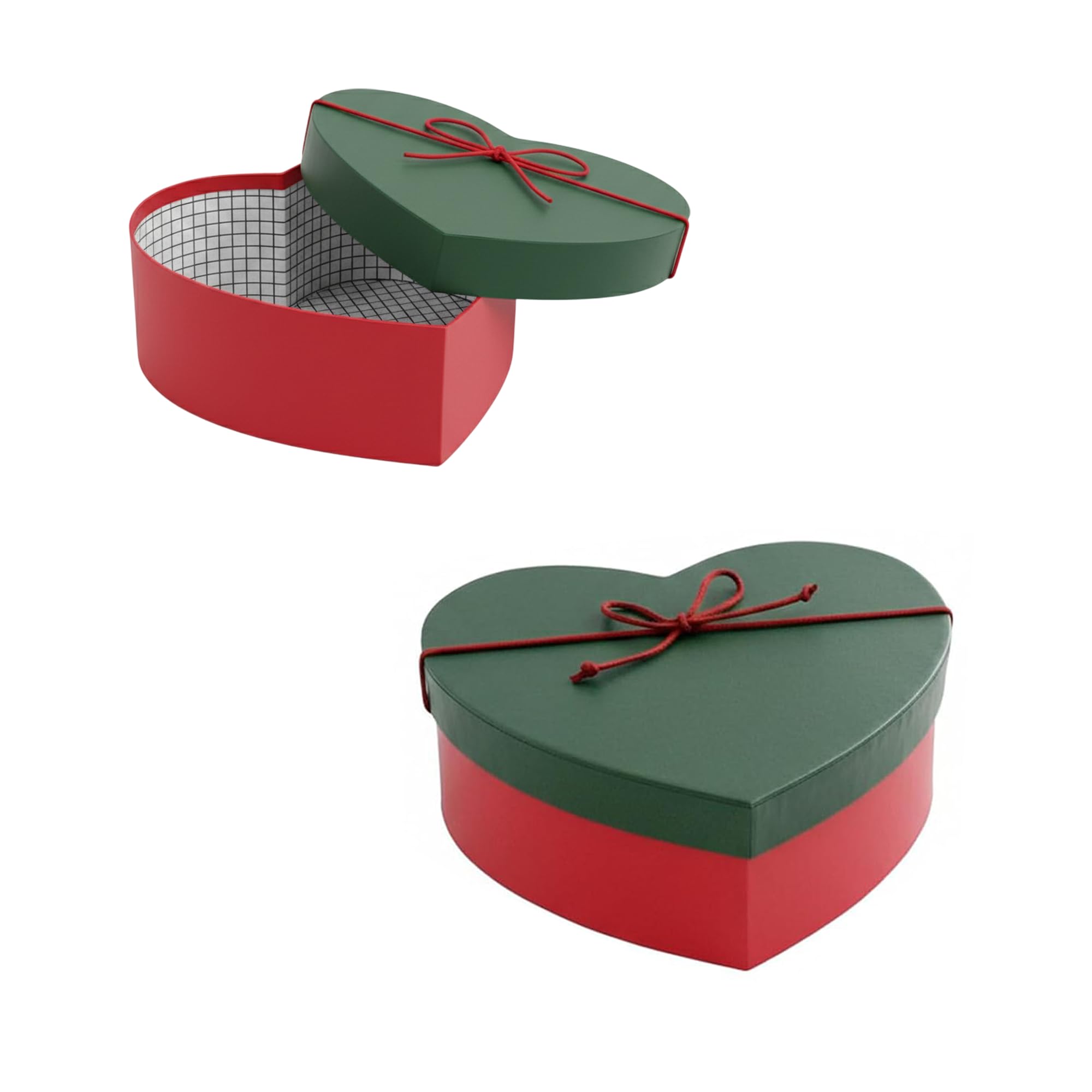Emartbuy Rigid Luxury Heart Shaped Presentation Gift Box, 15 cm x 13.8 cm x 6.4 cm, Red Box with Dark Green Lid, White Chequered Interior and Red Bow Ribbon