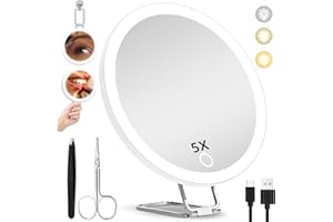 JJHXR 5X Magnifying Mirror with Light, 5X Makeup Magnifying Mirror, 6'' LED Magnifying Mirror Large Lighted Makeup Magnification Mirror with Adjustable Stand & Suction Cups, Compact Travel Magnifying Mirror