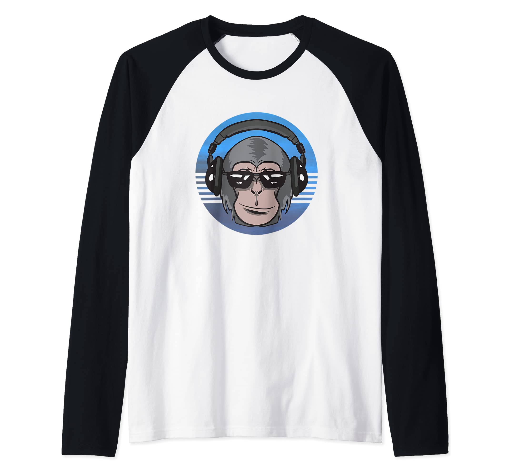 Monkey with Headphones. DJ. Music Raglan Baseball Tee