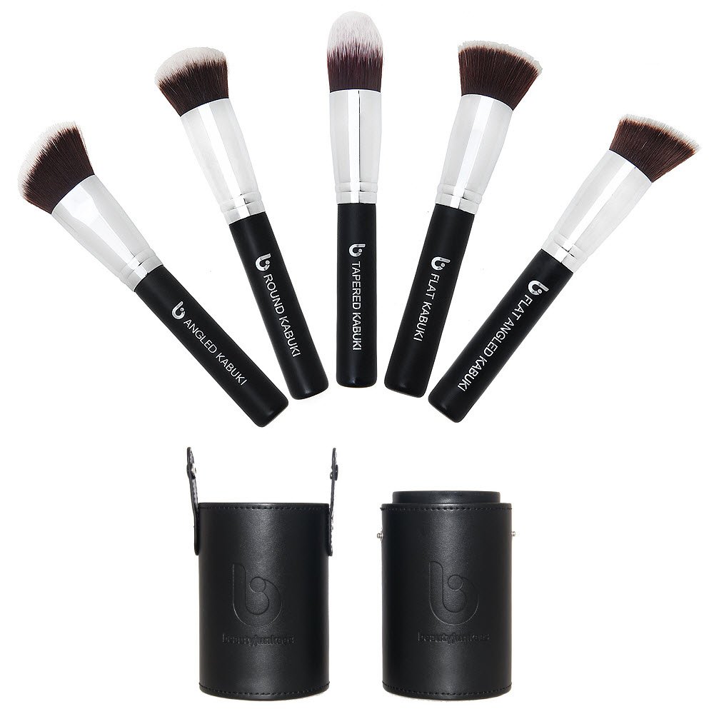 Kabuki Makeup Brush Set With BONUS Travel Brush Holder Includes