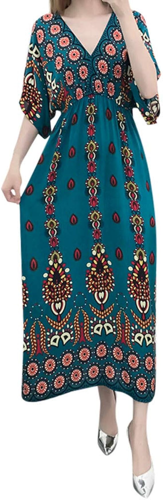 Top Homie レディース ボヘミアン ワンピース レトロ Vネック 半袖 マキシ丈 スリム ドレス 春夏 おしゃれ エスニック ロング チュニック ワンピース チュニック 通販 Amazon