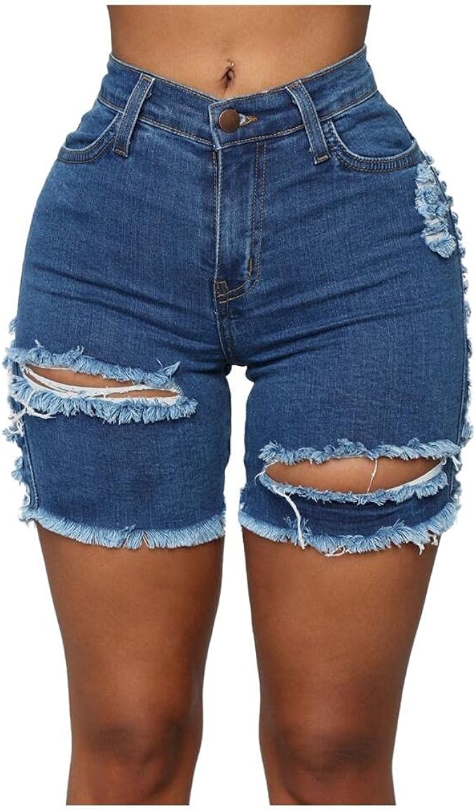 N\P Women Shredded Stretch Ripped Denim Shorts Distressed High Waist