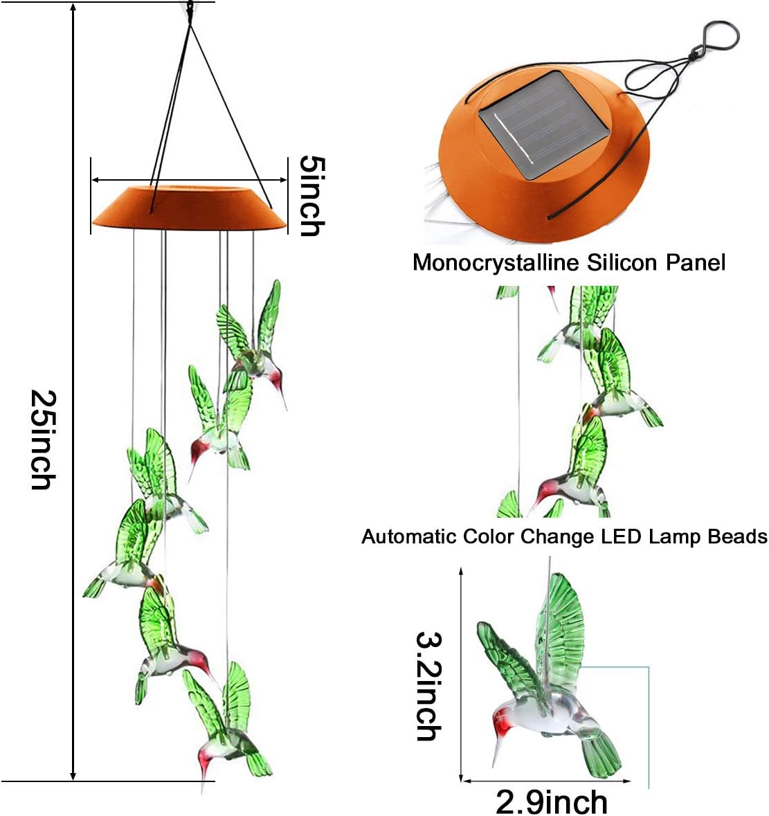 Andvon LED Solar Hummingbird Wind Chimes Lights Color Changing Six Hummingbird Outdoor Mobile Hanging Patio Lights Solar Power Wind Chimes Lights for Yard/Garden Decor Gifts for Mom, Wife : Garden & Outdoor