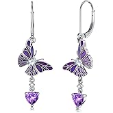 Emerald/Garnet Butterfly Dangle Earrings 925 Sterling Silver with Heart-Shaped Gems for Women