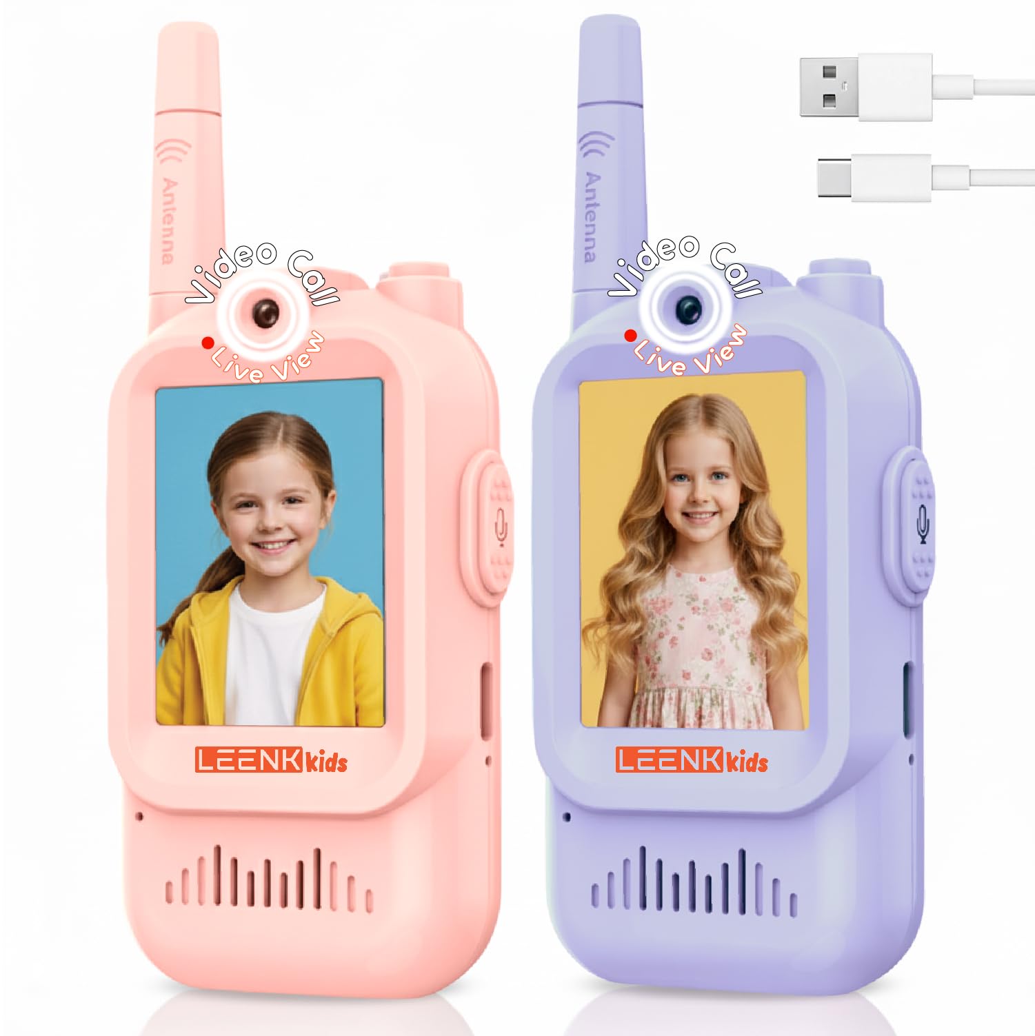 LEENK Kids Video Walkie Talkies 2 Pack – Rechargeable Video Intercom Handheld, Indoor & Outdoor Range, Easy Use for Ages 3-12, Eco ABS, Clear Voice & Long Distance Communication (Pink & Purple)
