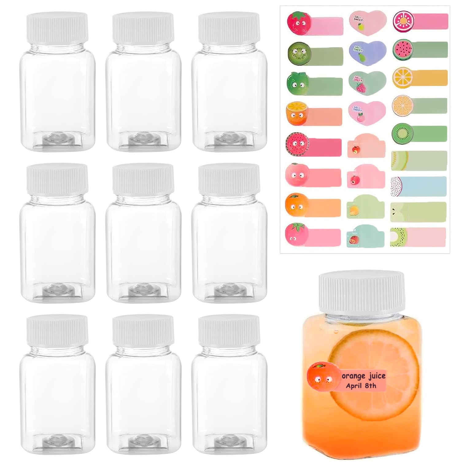 Yowlens 9 Pack Reusable Plastic Bottles with Screw Lids - 3.5oz Leakproof Juice & Drink Containers for Homemade Beverages, Ginger Beer, Milk, Syrups