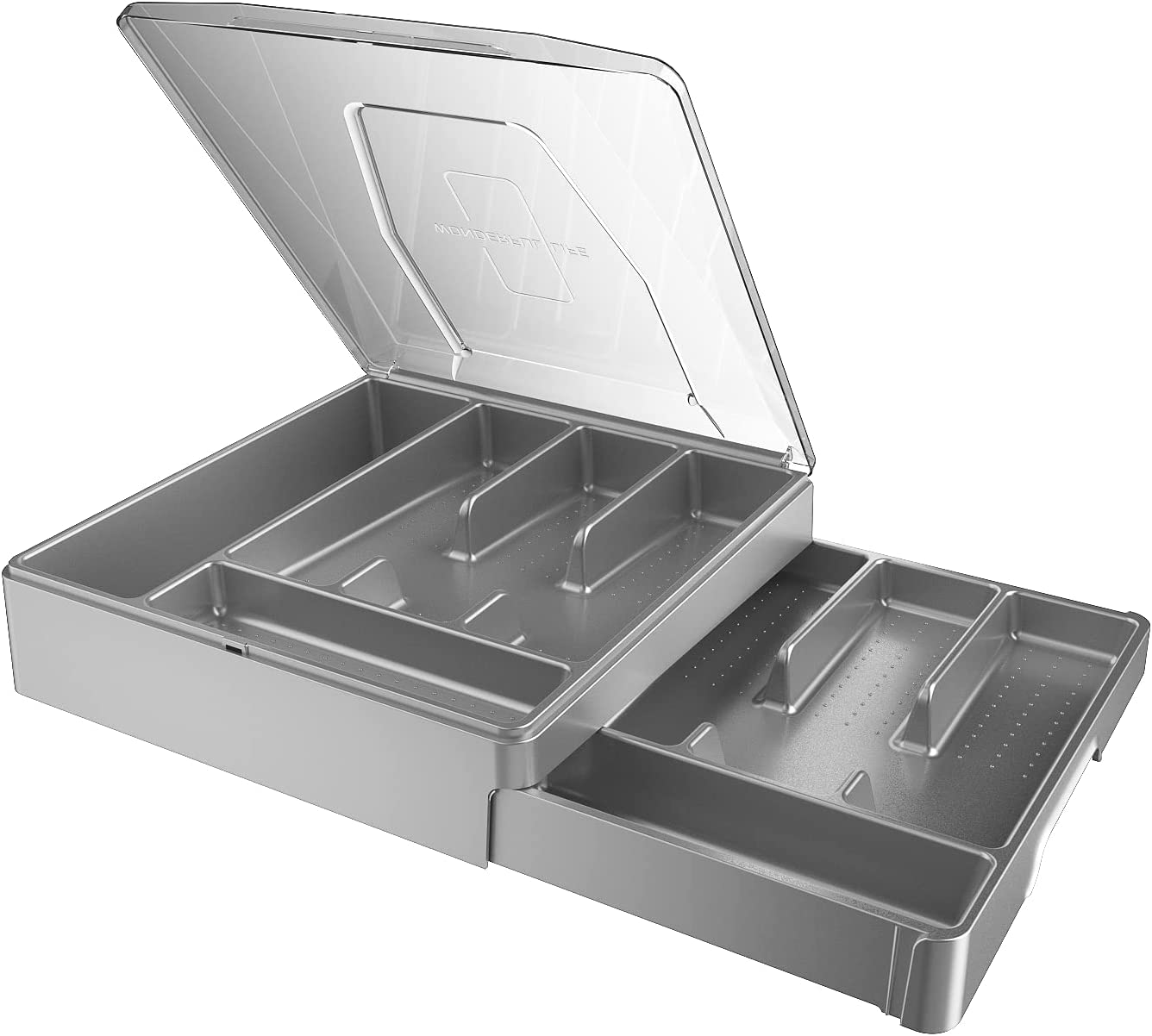 WURDON Double Layer Flatware Organizer with Lid, Cutlery Tray for Countertop Silverware Tray for Kitchen Drawers with 2 Tier Utensil Holder and 9 Compartments Silverware Storage Bin (Gray)