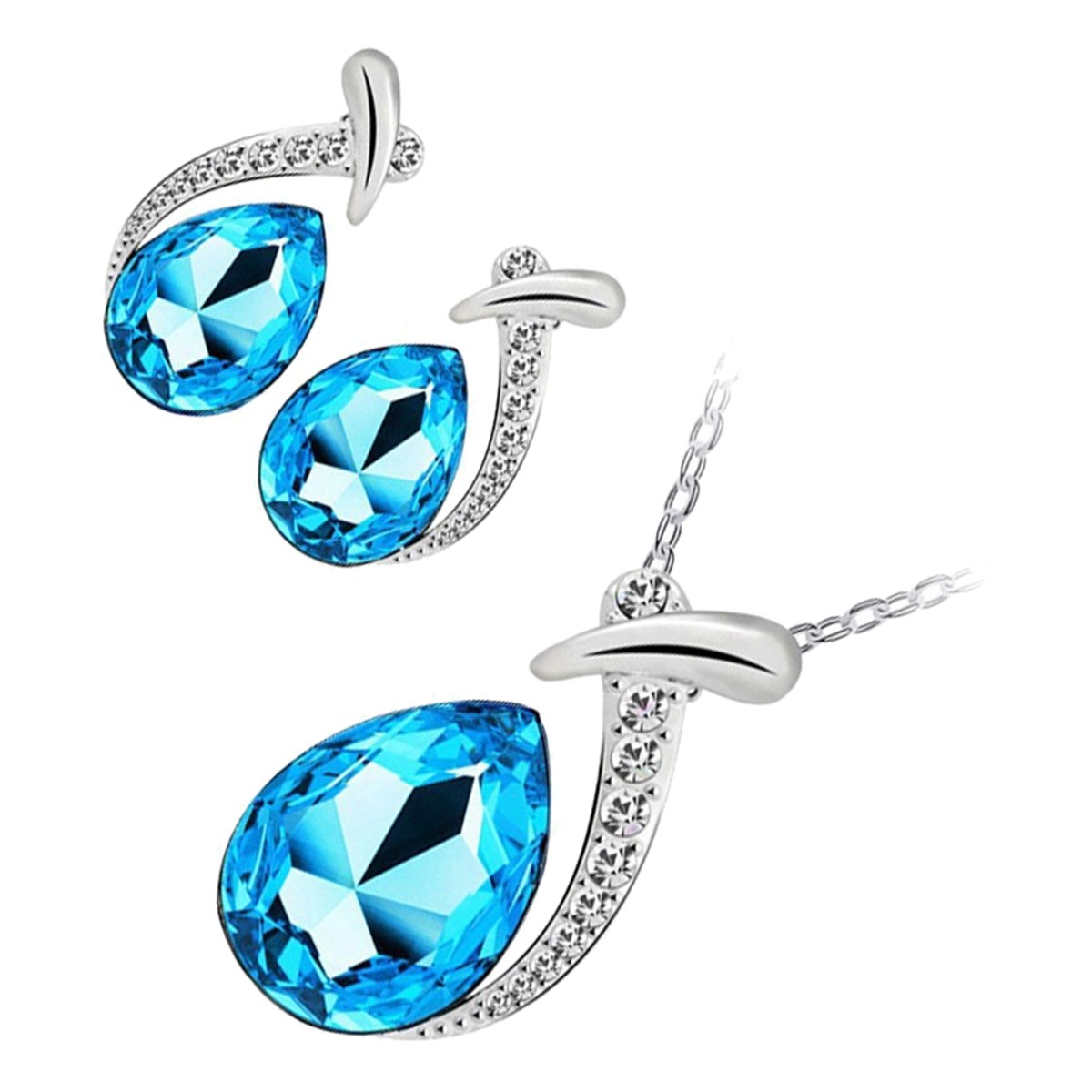 GWG Jewellery Set 925 Sterling Silver Coated Pendant Necklace and Earrings Water Drop Sparkling Turquoise Blue Crystal Under Band Paved with Stones Unusual Design in Gift Box for Women