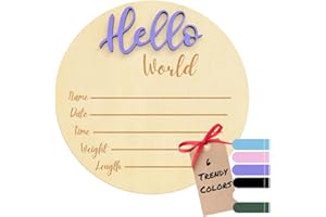KEMINA BLANKETS Baby Announcement Sign – 6” Wooden Hello World Newborn Name Sign, Hospital Birth Stat Plaque, Gender-Neutral Welcome Baby Keepsake, Personalized Photo Prop for Boys & Girls, Newborn Gift (Lavender)