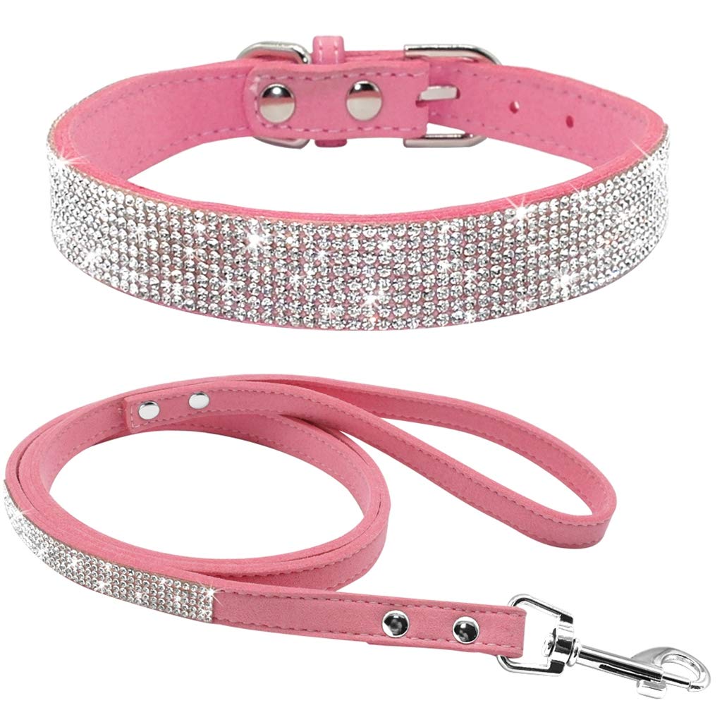 TELEYI Rhinestone Bling Leather Dog Cat Collar & Leash Set Crystal Diamonds Studded Cute Bowknot Puppy Small Dogs Collar Puppy Leash