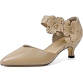 RIBONGZ Black Kitten Heels for Women Low Closed Toe Dressy Pumps Comfortable Slip On Flower Dress Shoes for Wedding Dancing Party Office Work