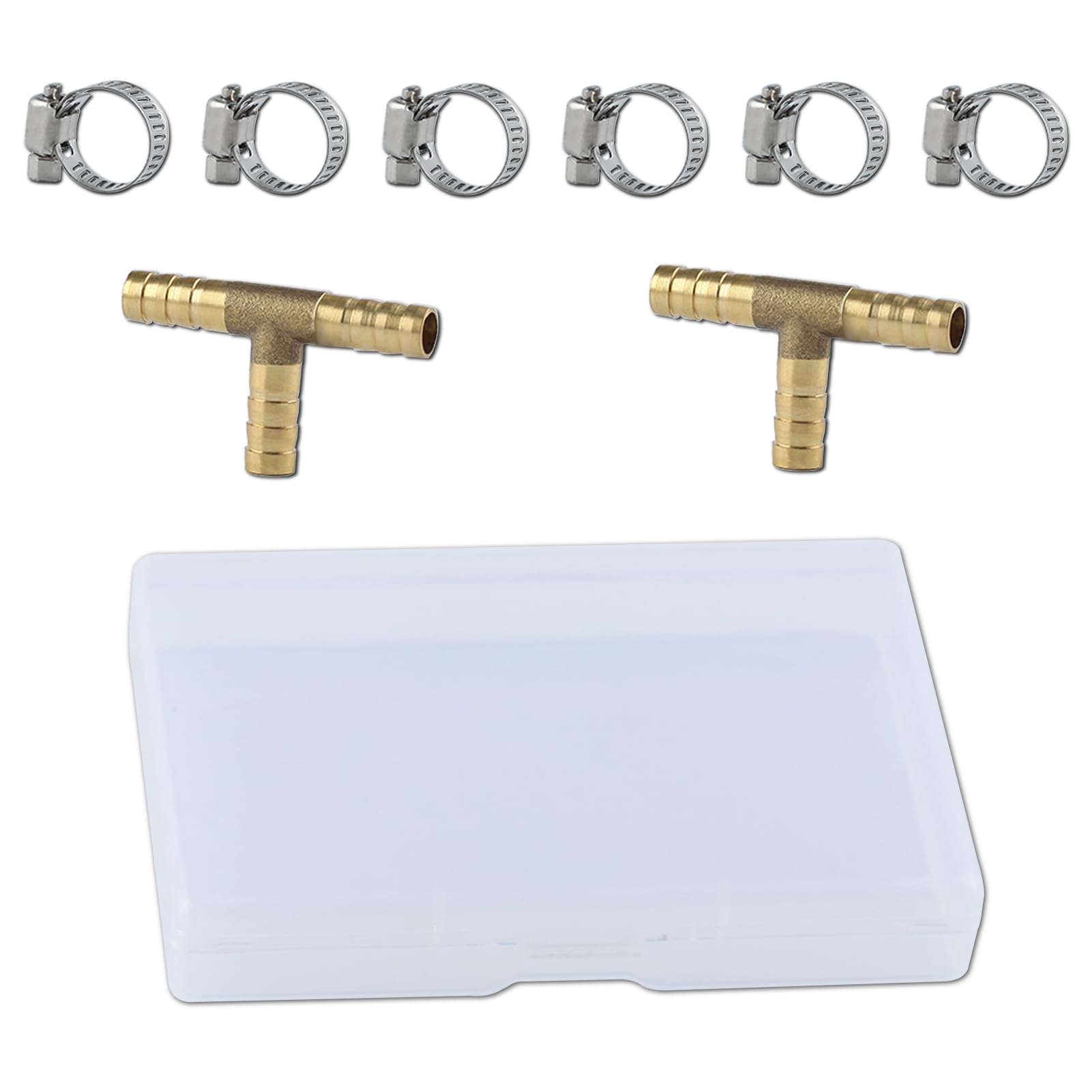 GOLD DEER 2PS 5/16" 3 Ways Hose Barb Reducer with 6 PCS Hose Clamp Brass Barb Tee Fittings ID Hose Pipe Fitting T-Shaped 3 Way Union Intersection Fitting Barbed Tee Connector for Oil Water Air