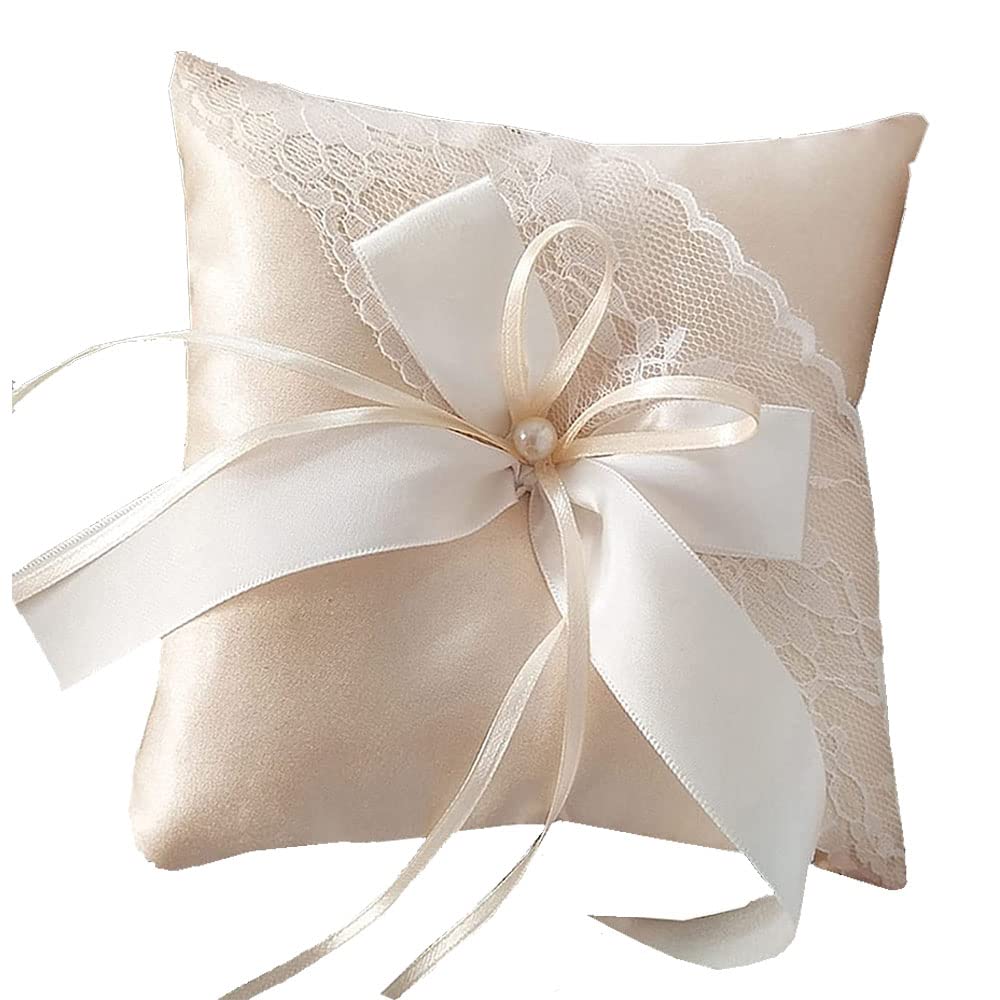 Yhuasia Wedding Ring Bearer Pillow with Lace Pearl Satin Bow for Engagement and Jewelry Cushion