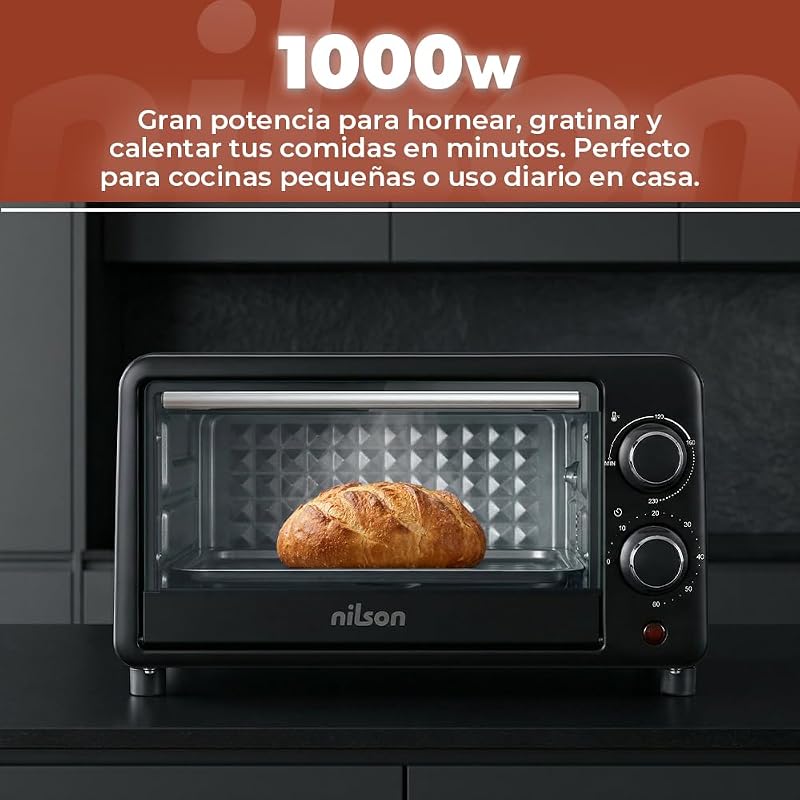Horno de Sobremesa 10 L, Compacto, 1000 W, Control Mecánico, NHS1000N, Termostato Ajustable, Temperatura Máxima 230º, Temporizador 60 min, Incluye Bandeja Esmaltada y Rejilla Metalica — foto 5 de 7