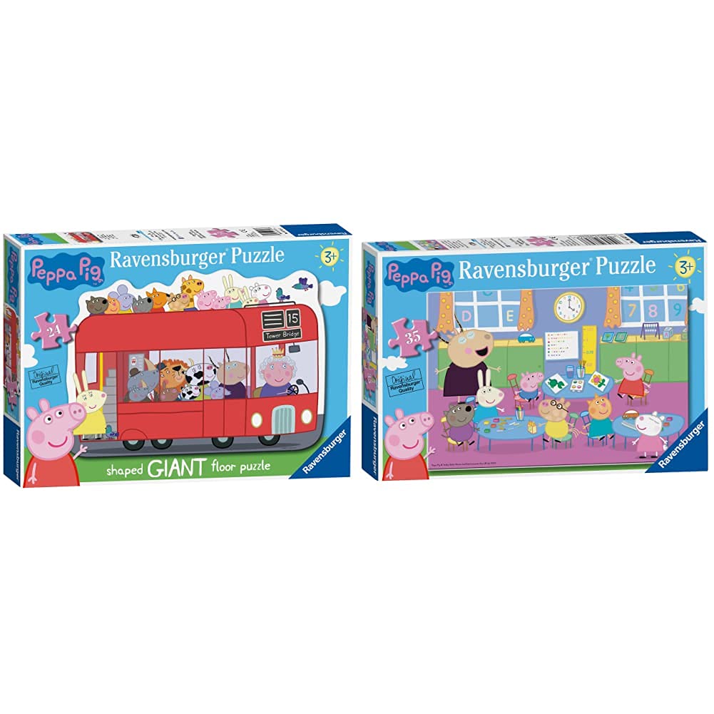 Ravensburger Peppa Pig London Red Bus 24 Piece Giant Shaped Floor Jigsaw Puzzle for Kids Age 3 Years Up & Peppa Pig Classroom Fun 35 Piece Jigsaw Puzzle for Kids Age 3 Years and Up