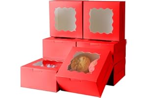 PFAMKEER 36 pcs 6x6x3 Inches Small Cake Box with Window, Bakery Pastry Cookie Boxes, Mini Pie for Pastry,Dessert,Strawberries,Chocolates, Cupcakes with paper stickers (Red)