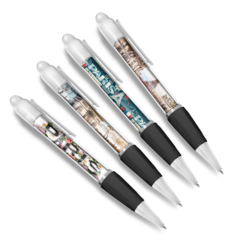 DV DESIGN Set of 4 Paris White Ballpoint Pens - French France Travel Holiday Eiffel Tower Friends Boys Girls Men Women Theme Pen #79340