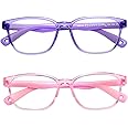AHXLL Kids Blue Light Blocking Glasses 2 Pack, Anti Eyestrain & UV Protection, Computer Gaming TV Phone Glasses for Boys Girls Age 3-9 (Transparent Purple+ Transparent Pink)