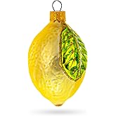 Lemon with Green Leaf Glass Christmas Ornament 3.7 Inches