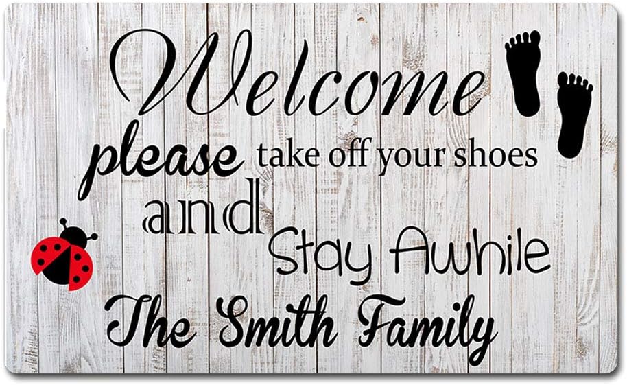 Artsbaba Custom Family Name Personalized Doormat Please Take Off Your Shoes and Stay Awhile Door Mat Rubber Non-Slip Entrance Rug Home Decor Indoor Floor Mat 30 x 18 Inches, 3/16 Thickness