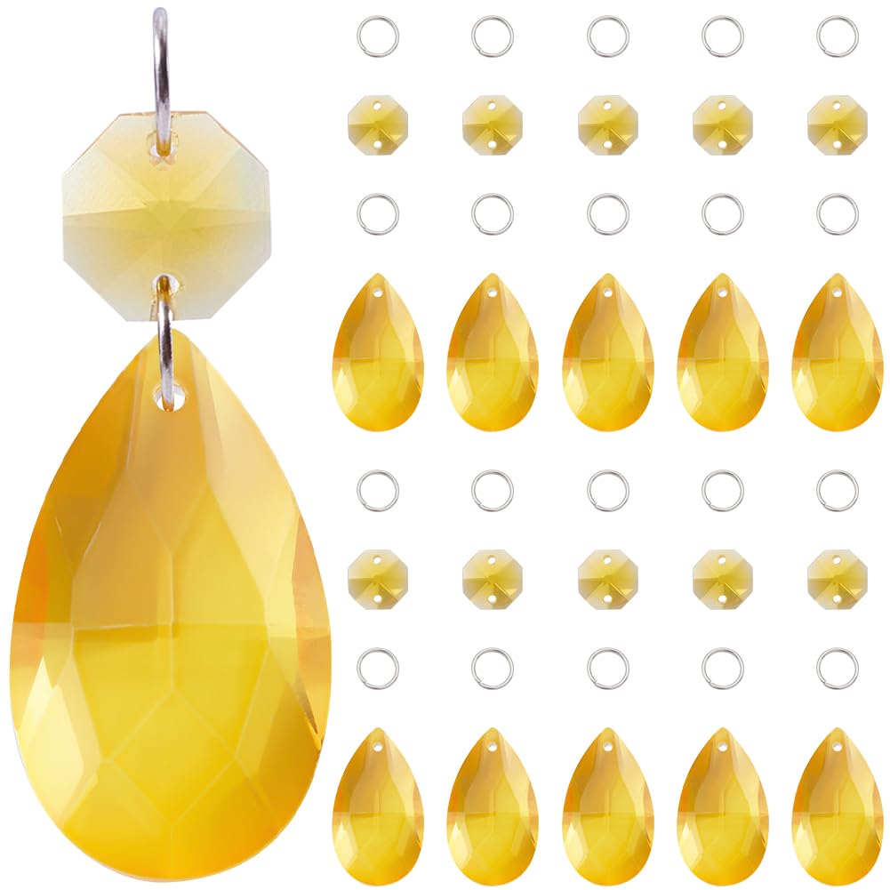 SOFPLATE 1 Box 12 Pack 38mm Yellow Crystal Chandelier Prisms Glass Suncatcher Prism Teardrop Crystal Chandelier Pendants Octagon Links Jump Rings for Christmas Wedding Party Decor Chandeliers Hanging