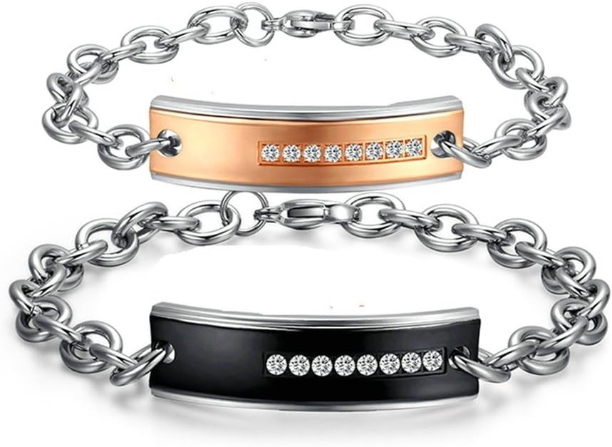 Free Engraving Couple Bracelets Zirconia Stainless Steel Rose Gold Black Curb Bracelet, AnaZoz Fashion Jewelry