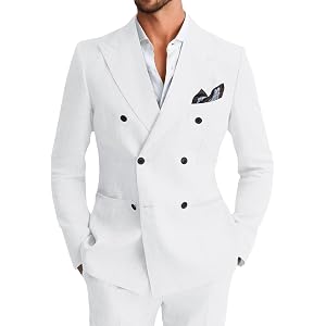 Linen Double Breasted Blazer for Men Slim Fit Peak Lapel Casual Summer Linen Blend Jacket for Beach Wedding Party Business