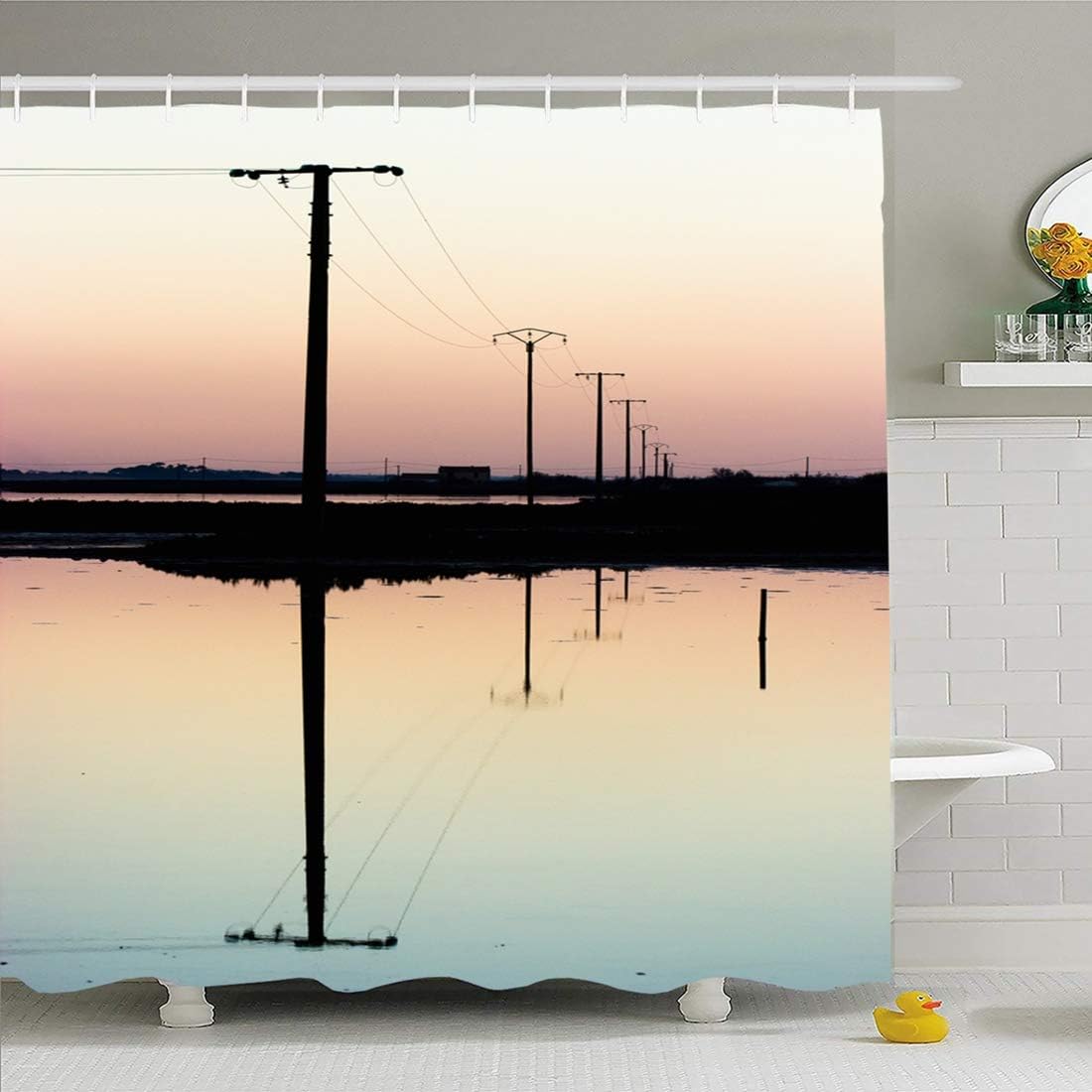 DANGCCI Shower Curtain Set with Hooks 60x72 Inches Phone Power Lines On Flooded Fields Sunset Technology Cable Electric Electrical Electricity Energy Bathroom Waterproof Polyester Fabric Bath Decor