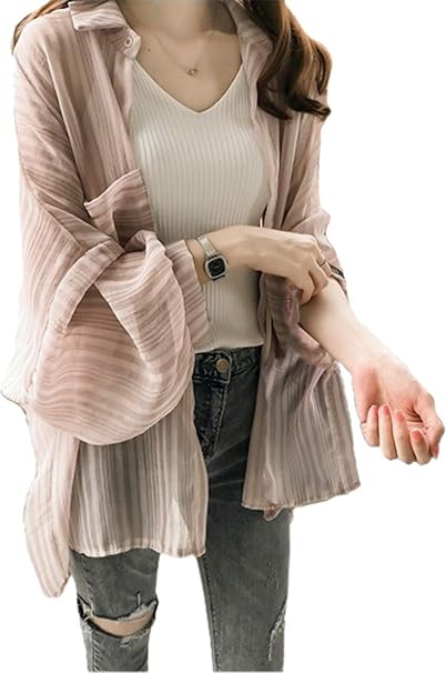 Amazon Co Jp Junap レディース トップス ストライプ シャツ ブラウス 7分袖 薄手 カーディガン おしゃれ 透け感 ピンク 服 ファッション小物