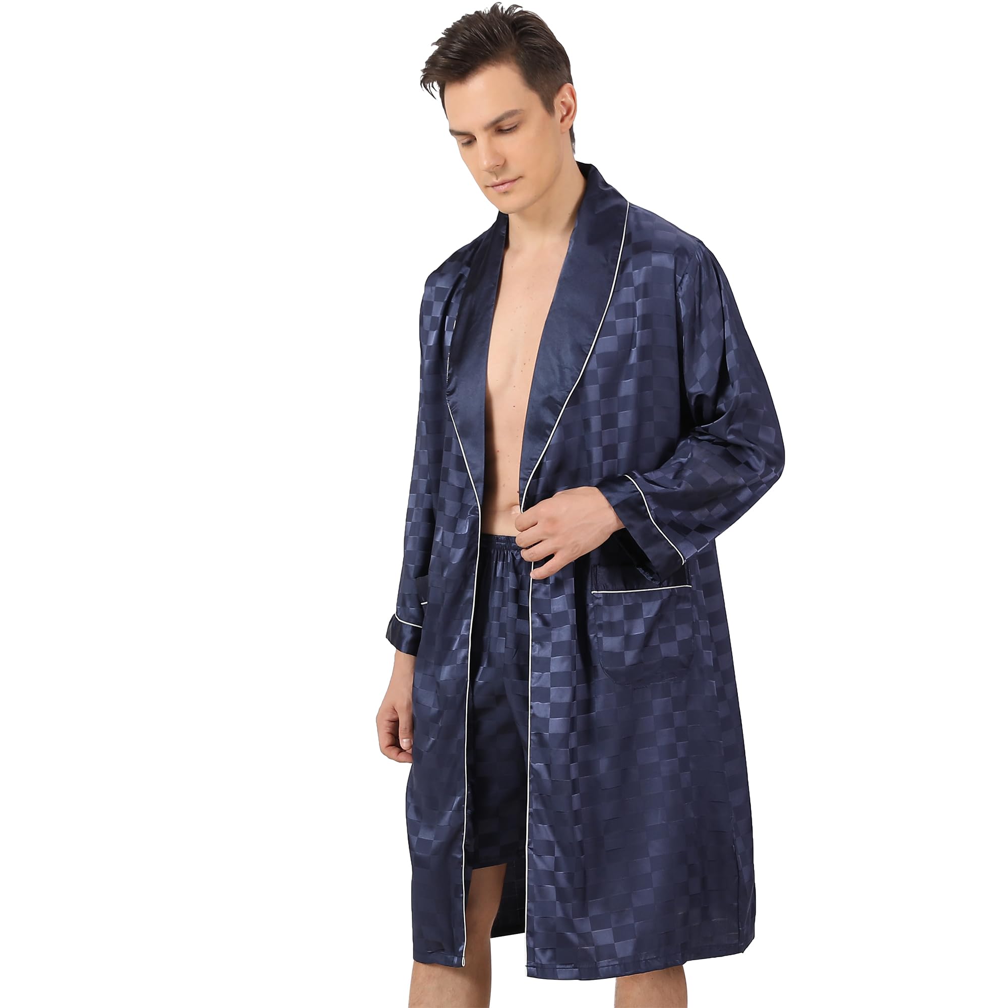 Condition photo showing New/Like New for haseil men's kimono robe with shorts satin bathrobe silk pajama long sleeve lightweight sleepwear se
