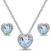 Sterling Silver Genuine or Synthetic Gemstone Halo Heart Necklace & Stud Earrings Set for Women