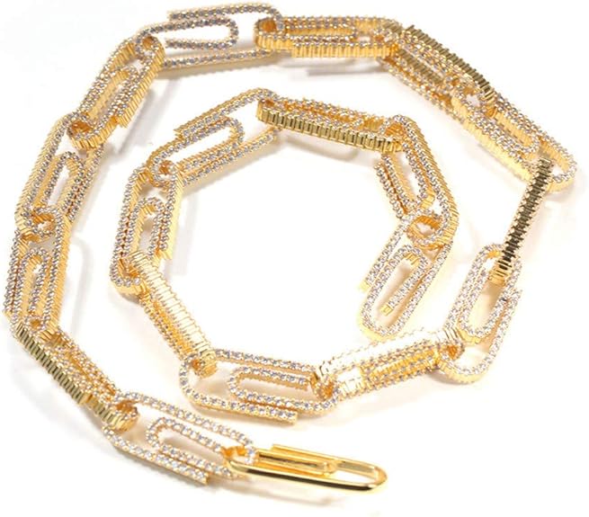 Fantex 10mm Gold Plated Paperclip Chain Necklace Iced Out Clear Cubic