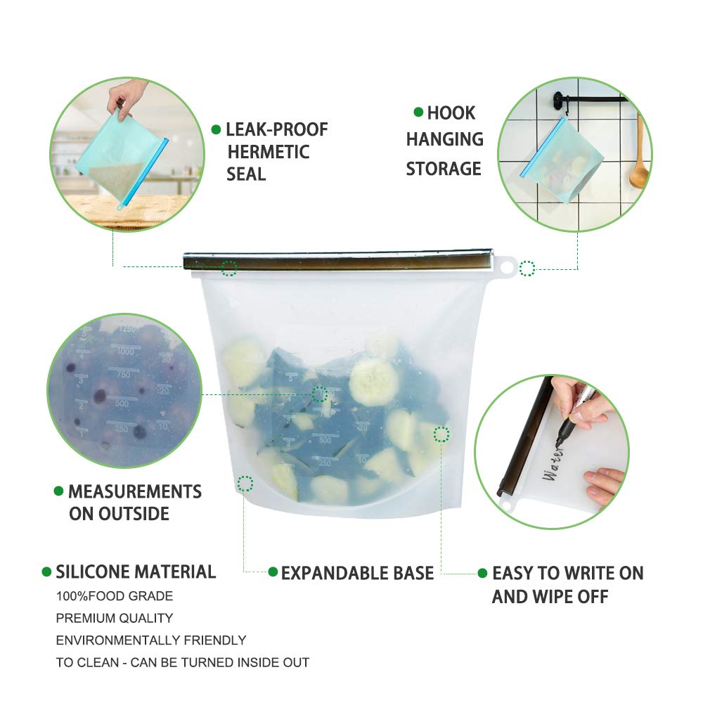 Reusable Silicone Food Bags (2 Large and 4 Medium) - Food Grade/Airtight Seal Silicone Storage Bags for Sandwich, Kids, Lunch, Snacks,Vegetable,Meat - Freezer Dishwasher Safe