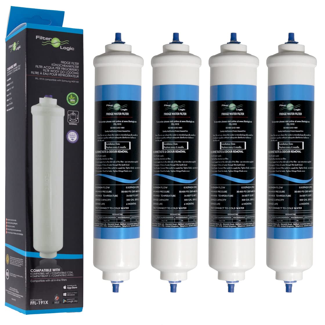 FilterLogic FFL-191X | Pack of 4 - Water Filter Compatible with Samsung DA29-10105J, HAFEX/EXP, HAFEX EXP - LG 5231JA2010B, 5231JA2010C, 3890JC2990A - Whirlpool USC100 Refrigerator