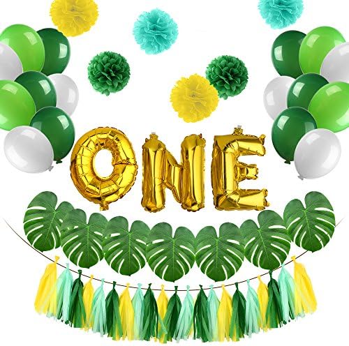 KUUQA Baby First Wild Birthday Decorations Kit 16" Golden One Balloons With 20 Pcs Artificial Tropical Palm Monstera Leaves Paper Tassels for Kids Jungle Safari Theme 1st Birthday Luau Party Supplies