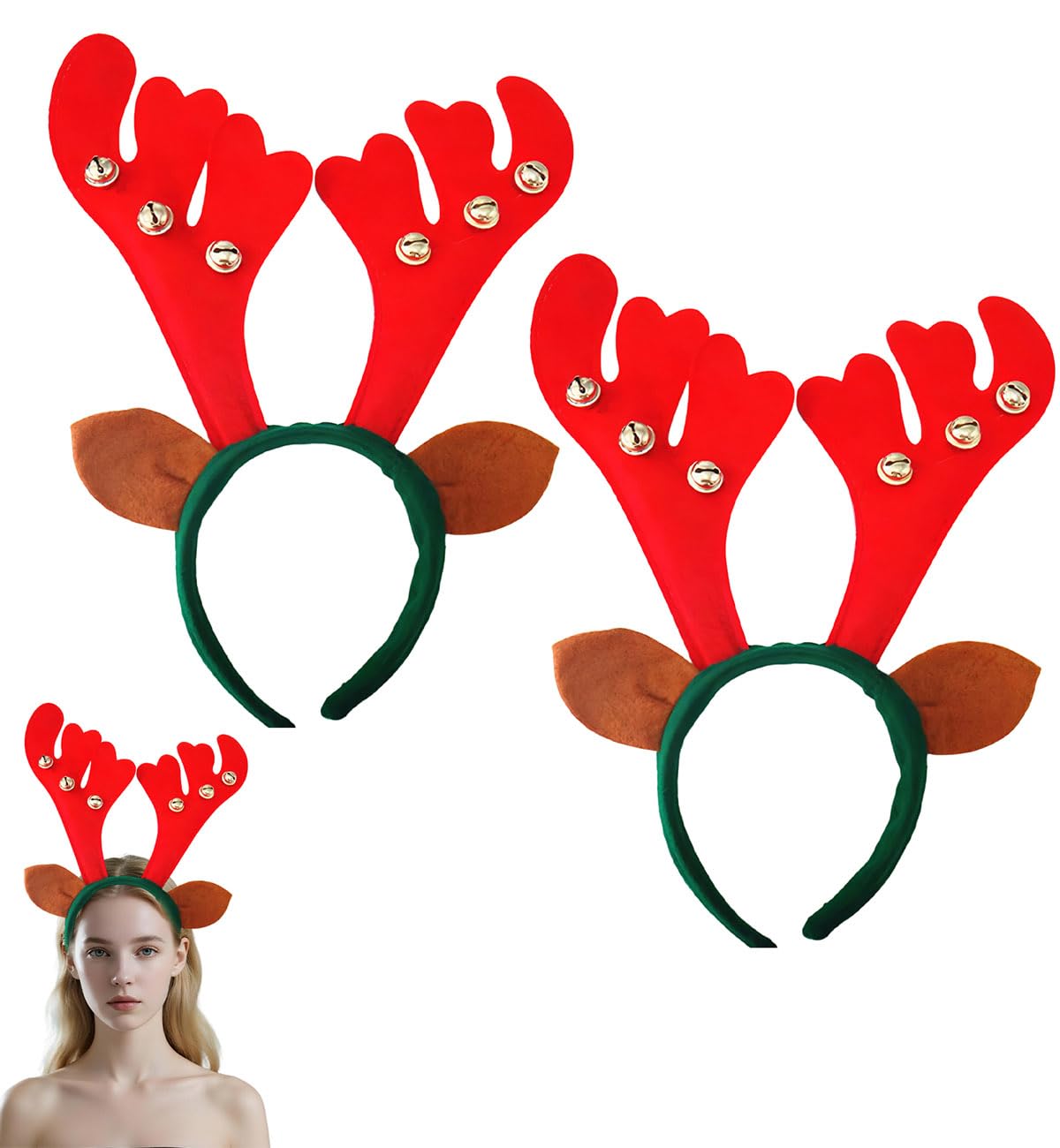 SHIFANQI 2Pack Reindeer Antlers Headband, Deer Ears with Bells for Women Men, Hair Accessories for Christmas Party, Costume, Festival Decoration