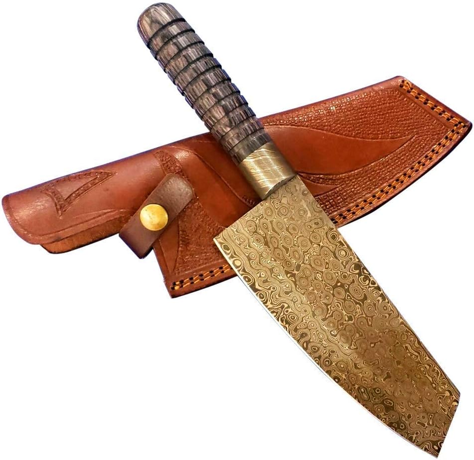 Hand Forged Damascus Steel Chef's Knife Precision Vegetable Cleaver with 7" Blade and Embossed Leather Sheath