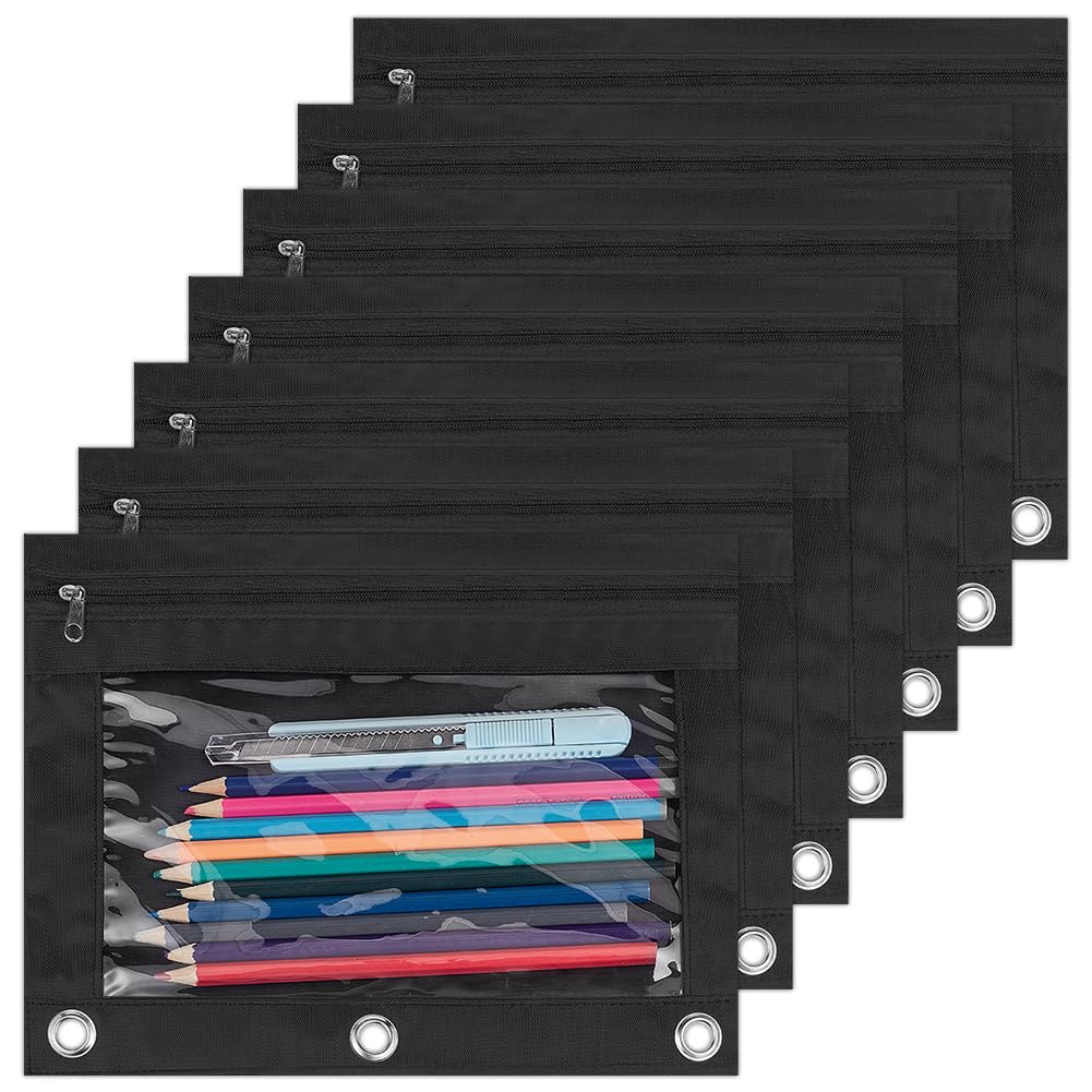 CRASPIRE 3Pcs Binder Pencil Pouch with Zipper for 3-Ring Binder Black Oxford Cloth Pen Bags Cases Pouch Box Cosmetic Bags with Clear Window for Storing School Classroom Teacher Supplies Stationery