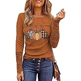 Womens Fall Pumpkin Shirt Funny Halloween Thanksgiving Lace Splicing Long Sleeve Tee Holiday Family Party Aumtun Tops