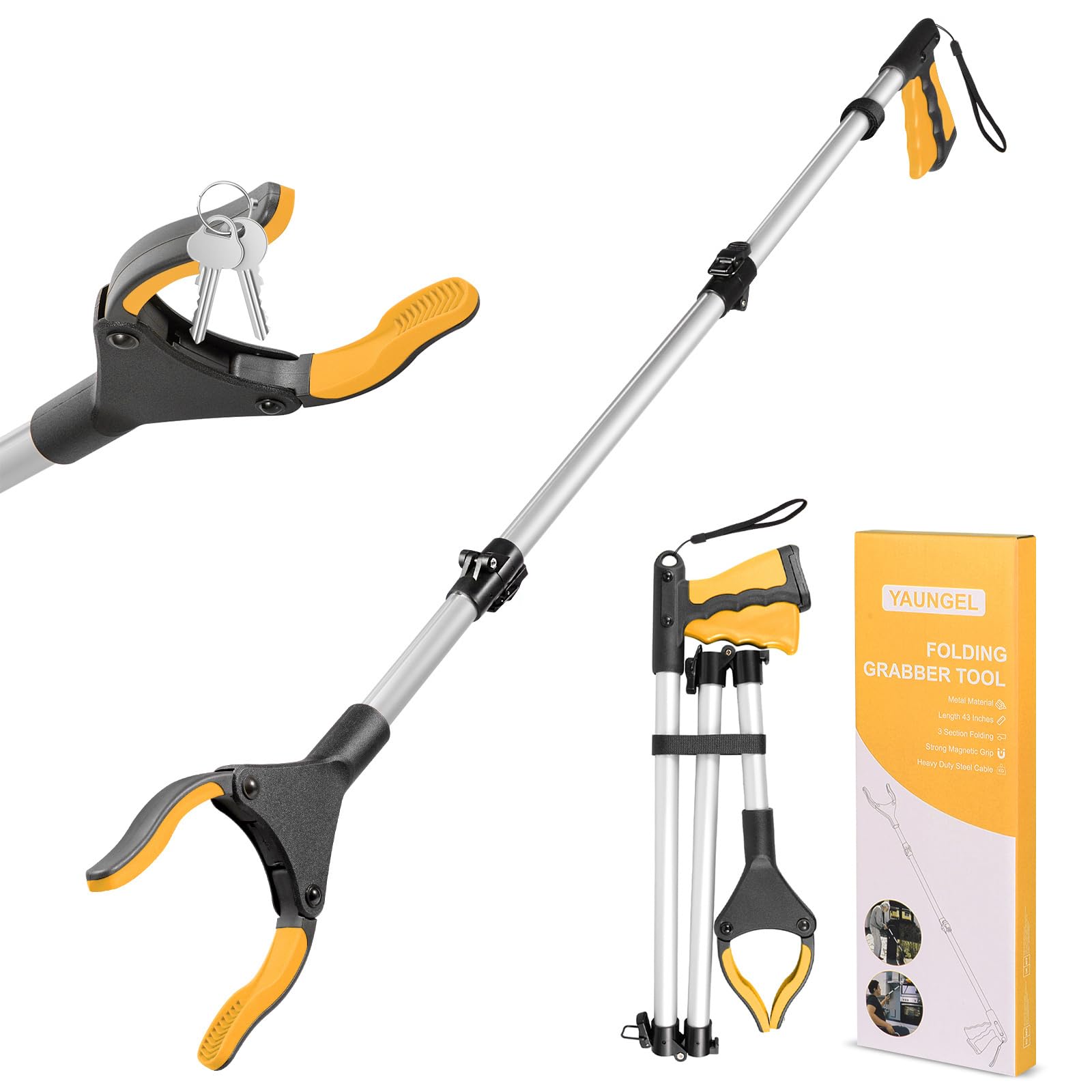 YAUNGEL 43'' Litter Pickers, Grabber Stick with Magnet, Grabber for Disabled, Extra Long Foldable Litter Pickers for Adults, 108CM Pick Up Stick Grabber with 360° Rotating Jaws Reaching Aids (Yellow)